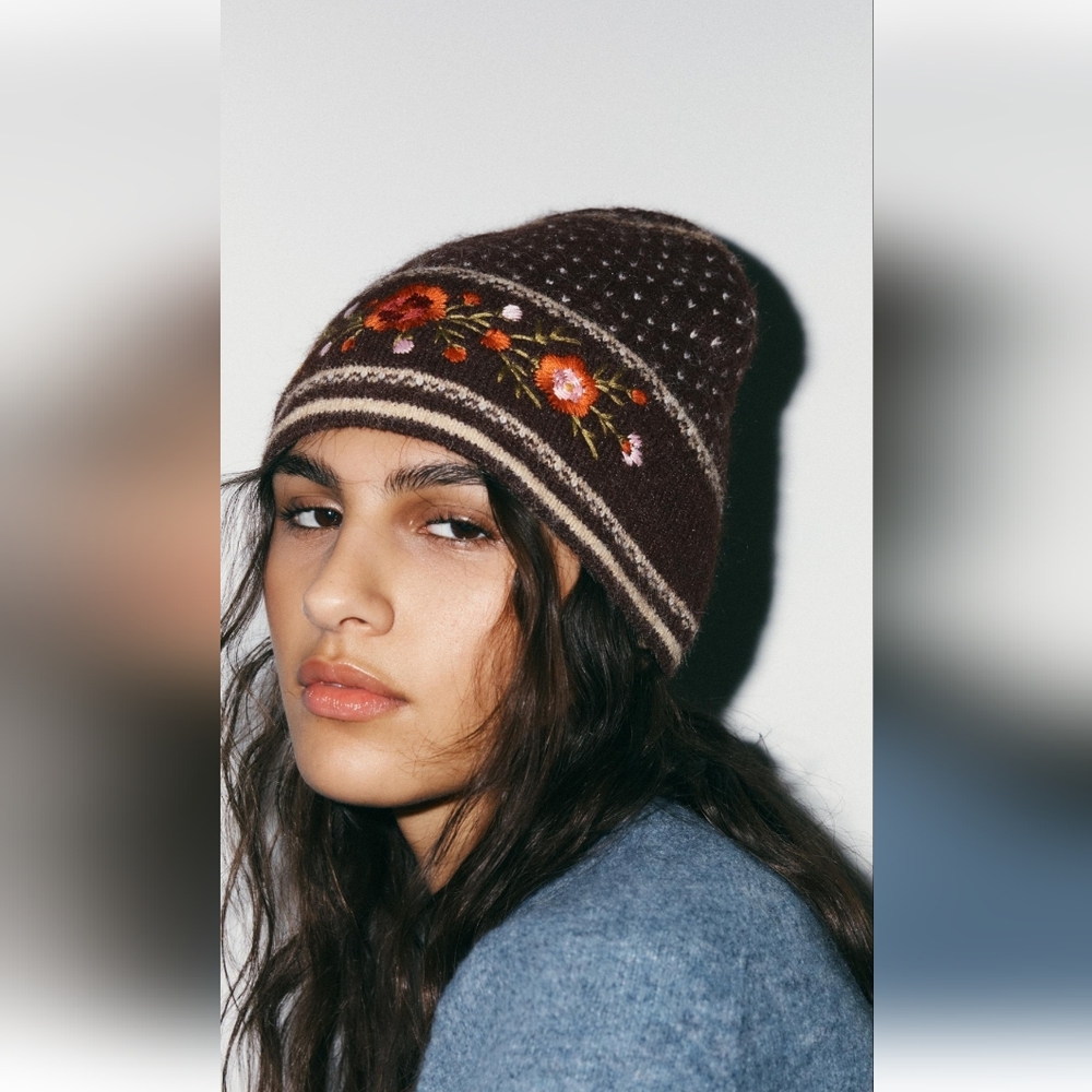 Zara Embroidered Brown Knit Beanie